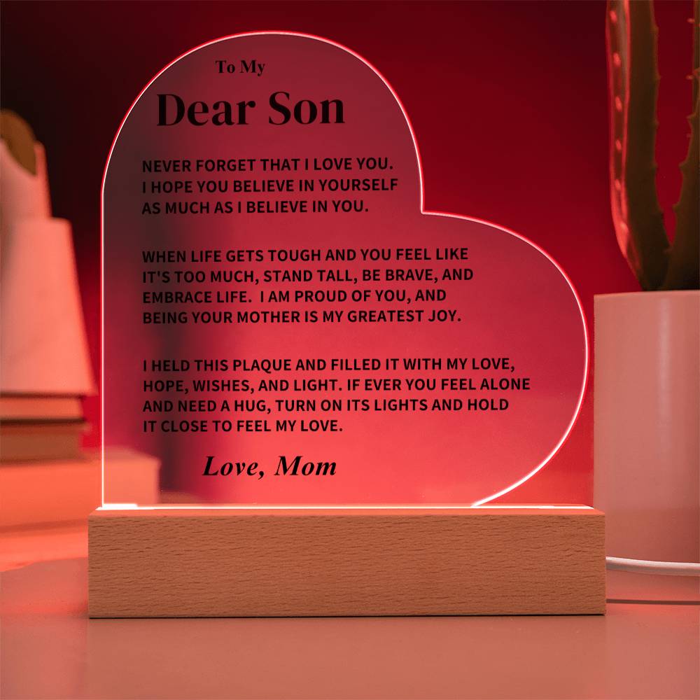 Son Gift, From Mom, "Never Forget That I Love You", LED Heart Acrylic Plaque