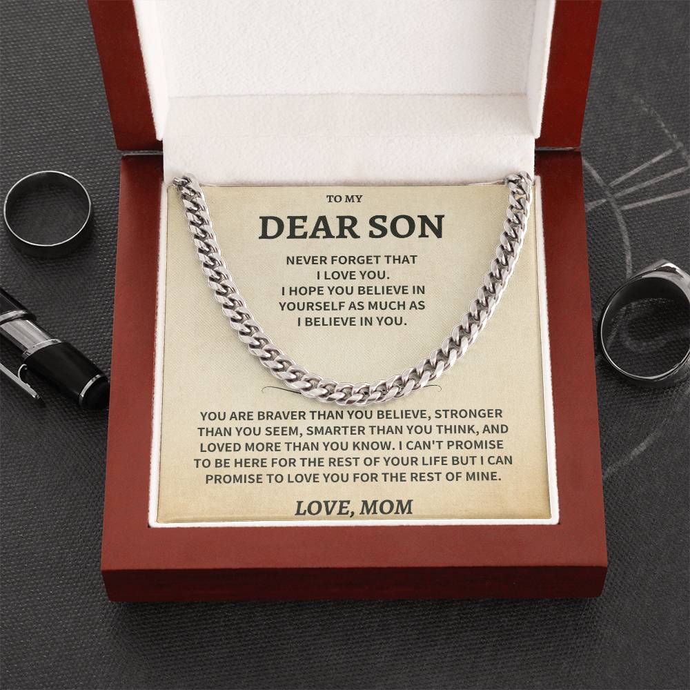 Son Gift, From Mom "Never Forget That I Love You"- Cuban Chain Necklace