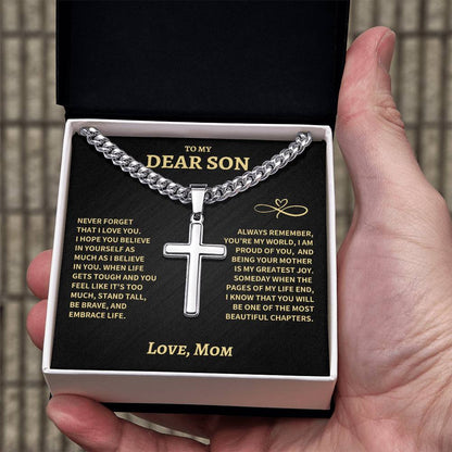 Son Gift From Mom, "Beautiful Chapters", Cuban Chain Artisan Cross Necklace