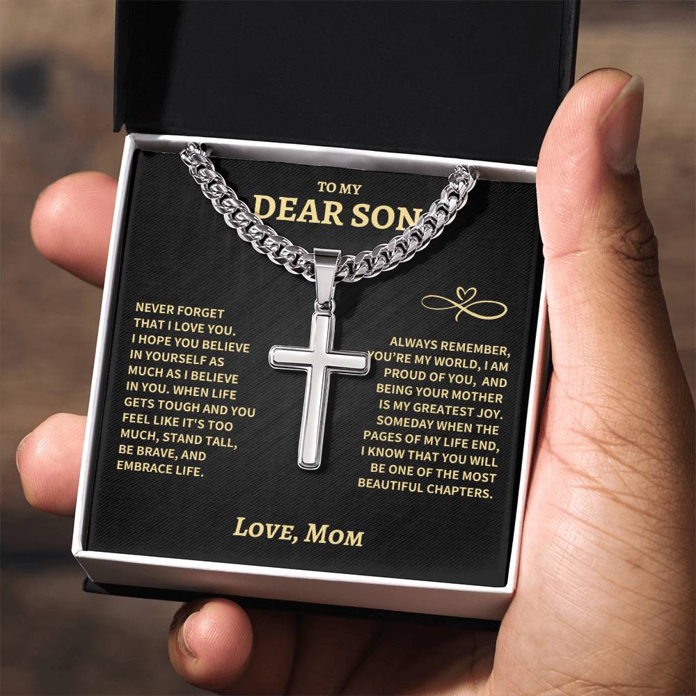 Son Gift From Mom, "Beautiful Chapters", Cuban Chain Artisan Cross Necklace