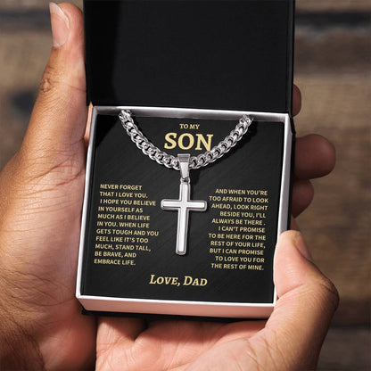 Son Gift- Believe In Yourself- Cuban Chain Cross Necklace- From Dad