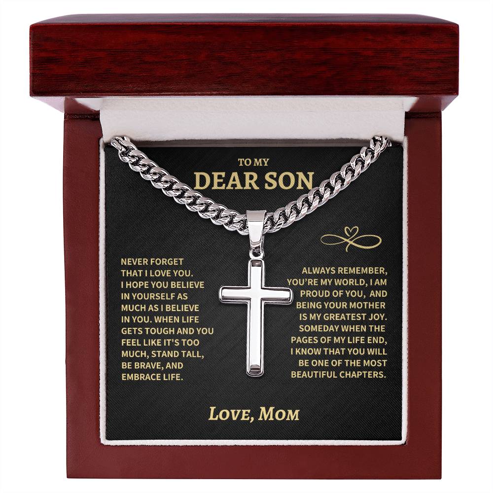 Son Gift From Mom, "Beautiful Chapters", Cuban Chain Artisan Cross Necklace