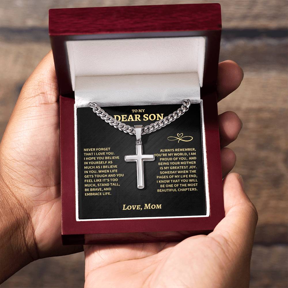 Son Gift From Mom, "Beautiful Chapters", Cuban Chain Artisan Cross Necklace