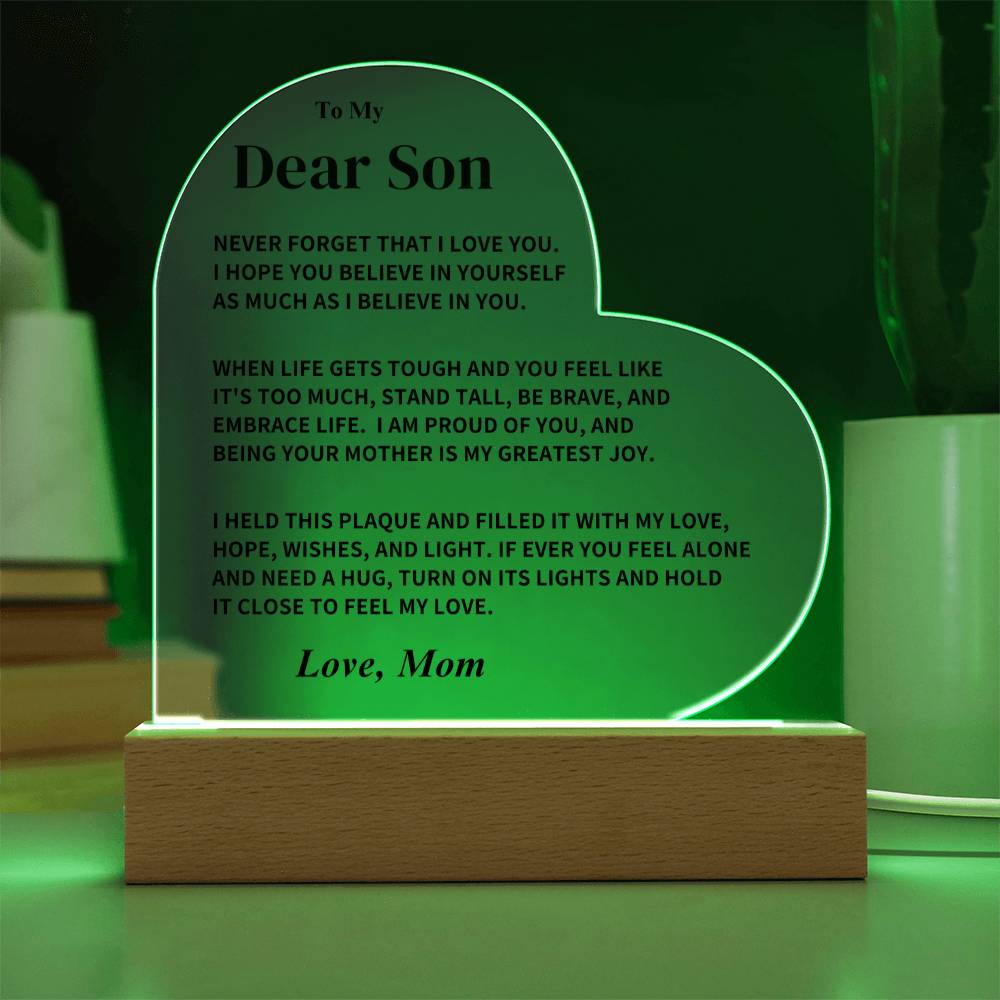 Son Gift- Believe In Yourself- LED Heart Acrylic Plaque- From Mom
